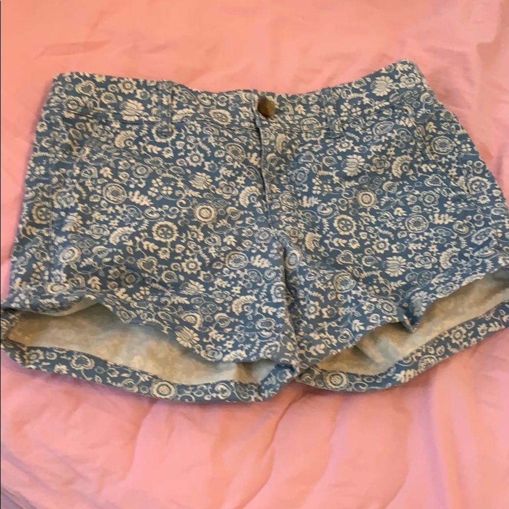 Blue and white floral printed denim shorts